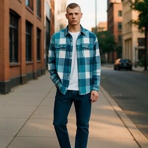 Express Fitted Cotton Shirt Blue Plaid Long Sleeve Button Down Mens M